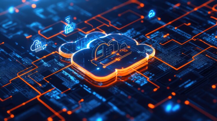 Cloud infrastructure illustration showing secure data flow, cloud computing platforms, and modern business systems migrating from on-premise environments