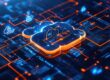 Cloud infrastructure illustration showing secure data flow, cloud computing platforms, and modern business systems migrating from on-premise environments