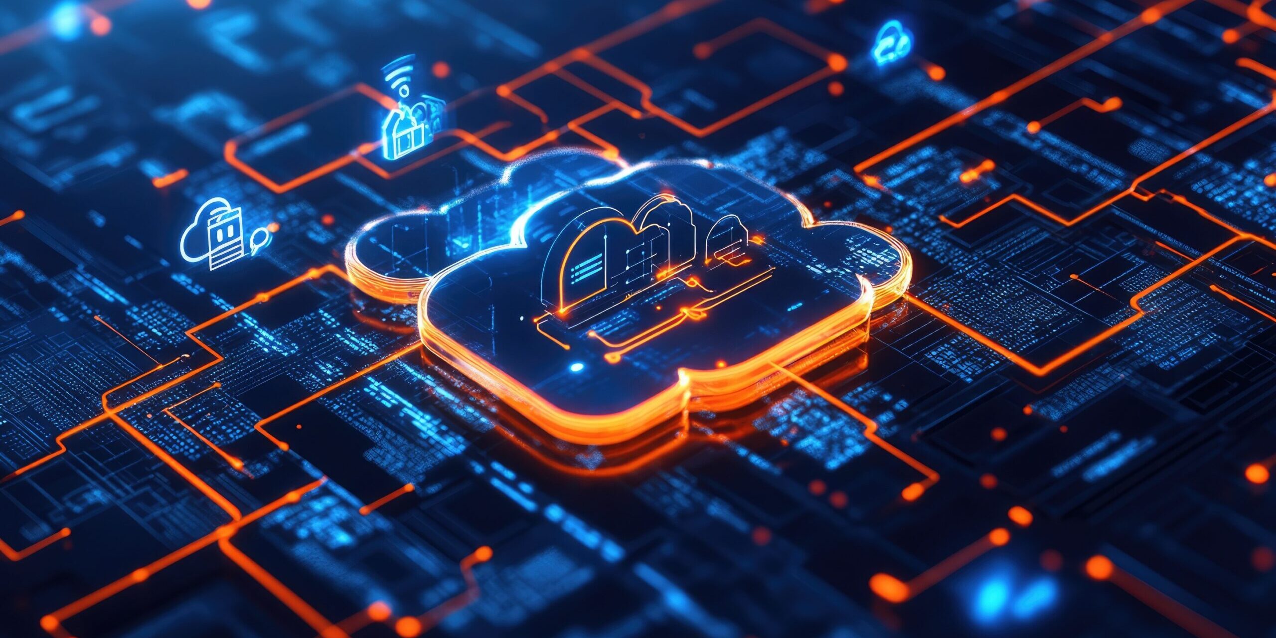Cloud infrastructure illustration showing secure data flow, cloud computing platforms, and modern business systems migrating from on-premise environments