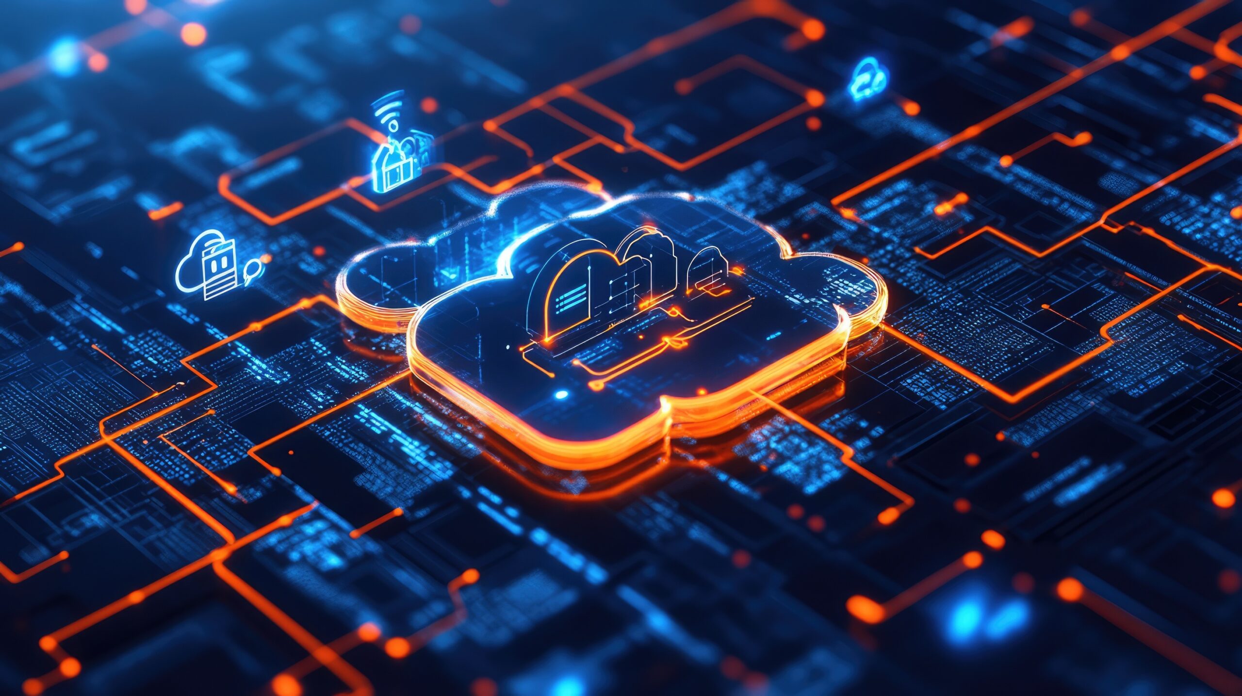 Cloud infrastructure illustration showing secure data flow, cloud computing platforms, and modern business systems migrating from on-premise environments