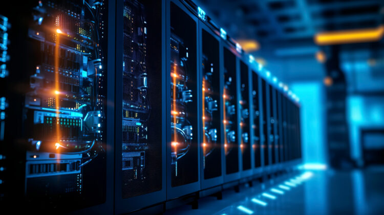 Modern data center servers with illuminated network equipment representing real time IT visibility and system monitoring.