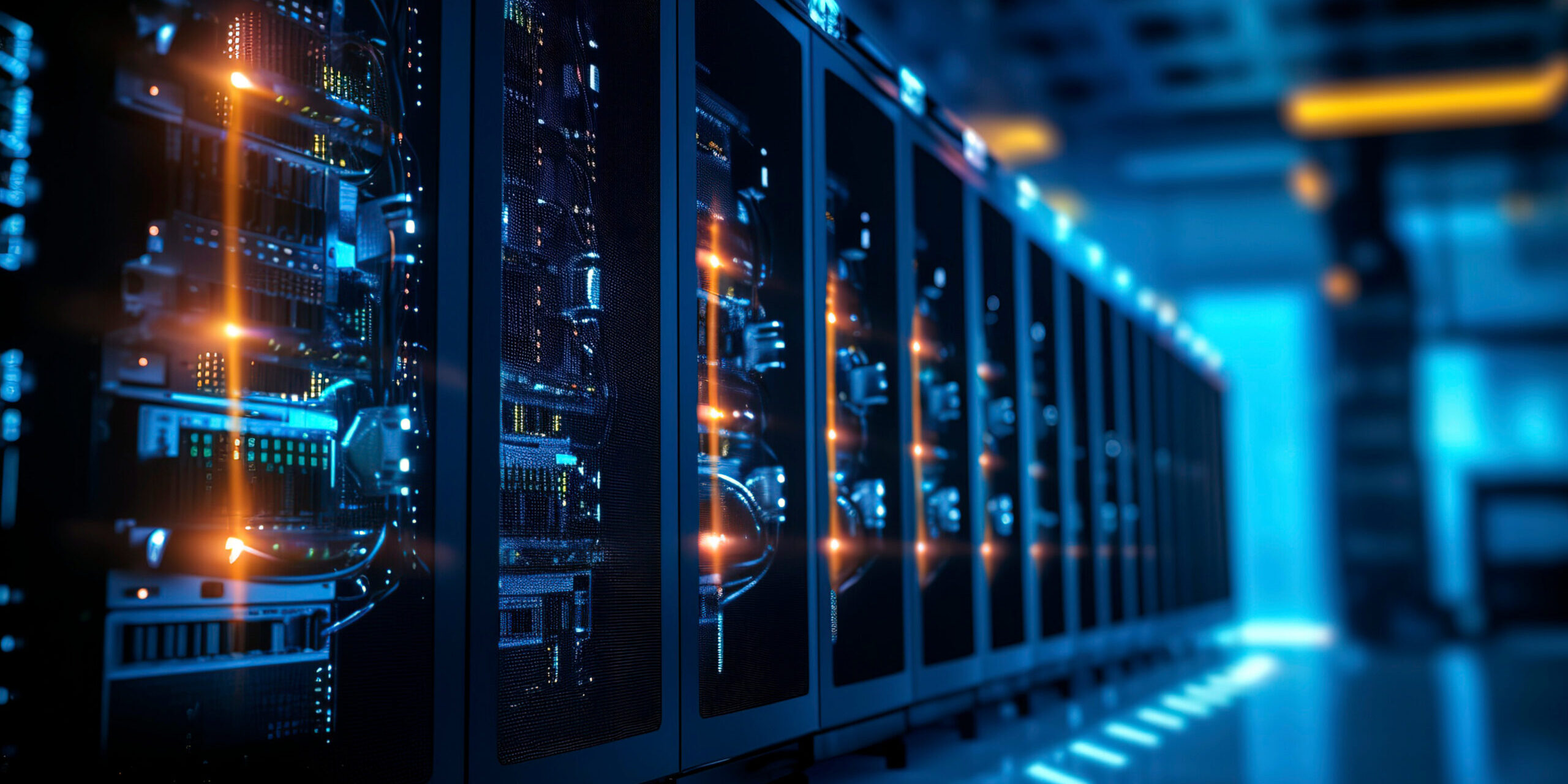 Modern data center servers with illuminated network equipment representing real time IT visibility and system monitoring.
