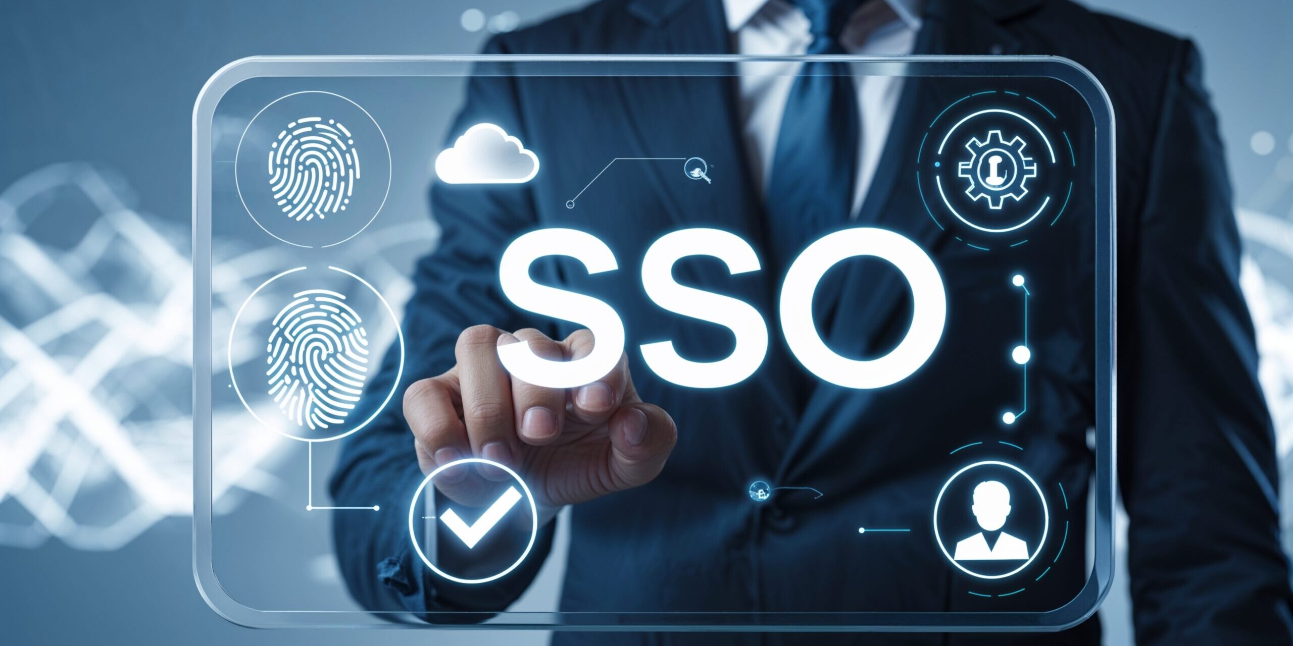Single Sign-On (SSO) Authentication Concept for Secure Business Access Business professional interacting with a digital single sign-on SSO interface showing fingerprint authentication and secure access icons.