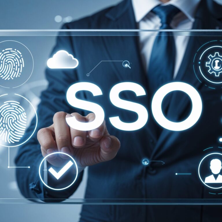 Business professional interacting with a digital single sign-on SSO interface showing fingerprint authentication and secure access icons.