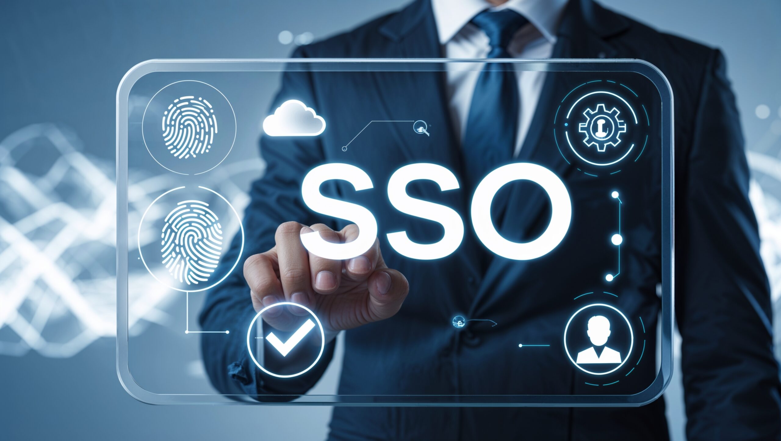 Business professional interacting with a digital single sign-on SSO interface showing fingerprint authentication and secure access icons.