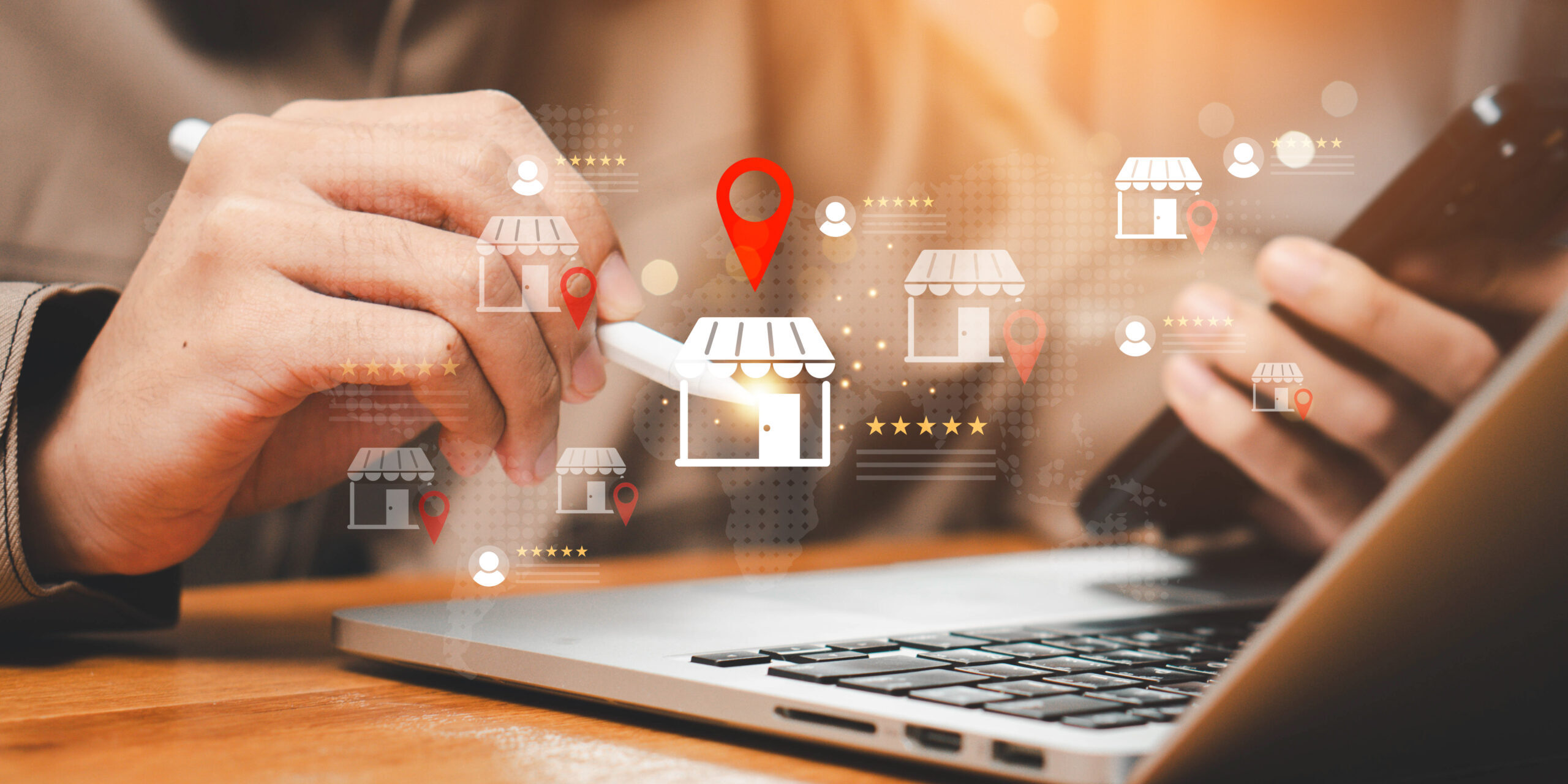 Why Local IT Support Still Matters for Businesses Business professional using a smartphone and laptop with digital location icons representing local businesses and the importance of local IT support for faster response times.