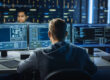 IT professional monitoring multiple screens in a server room to prevent cyber threats and reduce cybersecurity mistakes in a business environment