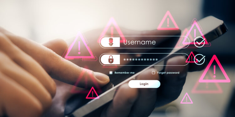 User login screen on mobile device with security warning icons highlighting risks of unused accounts and unauthorized access