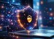 Firewall protection concept showing a secure laptop with a digital shield and lock representing network security for small businesses