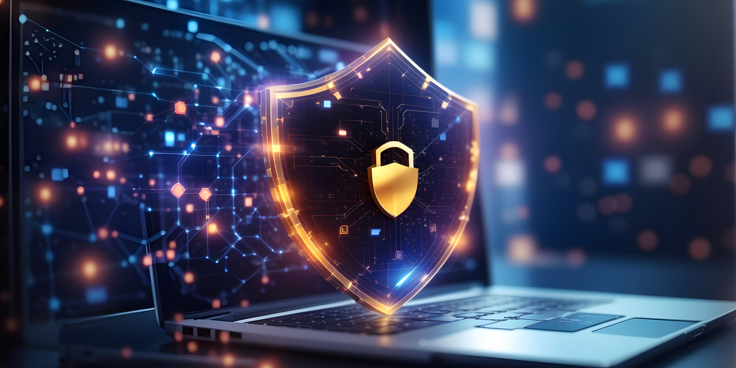 Firewall Protecting Business Network Security Firewall protection concept showing a secure laptop with a digital shield and lock representing network security for small businesses