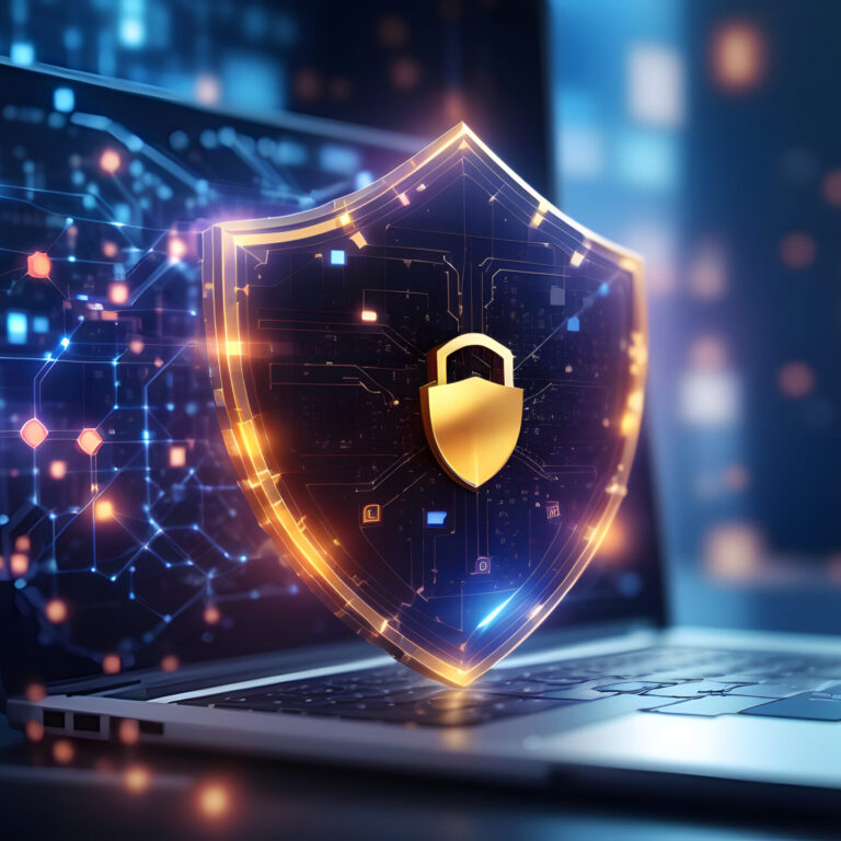 Firewall protection concept showing a secure laptop with a digital shield and lock representing network security for small businesses