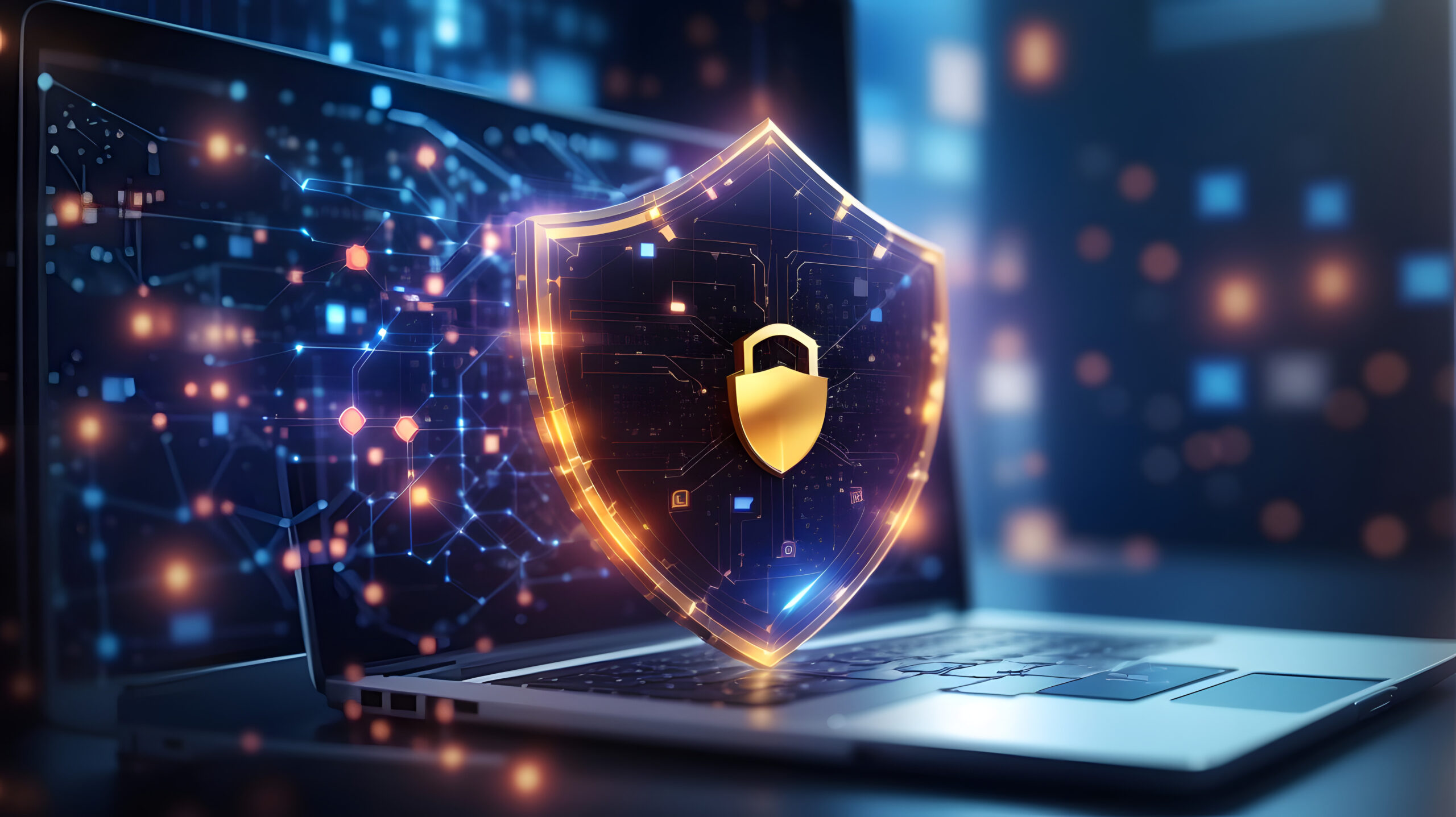 Firewall protection concept showing a secure laptop with a digital shield and lock representing network security for small businesses