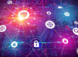 Digital network security visualization showing global connections, endpoint security icons, and threat detection across systems