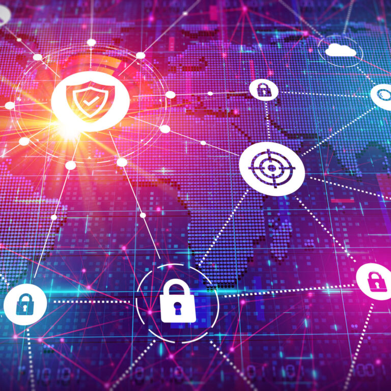 Digital network security visualization showing global connections, endpoint security icons, and threat detection across systems