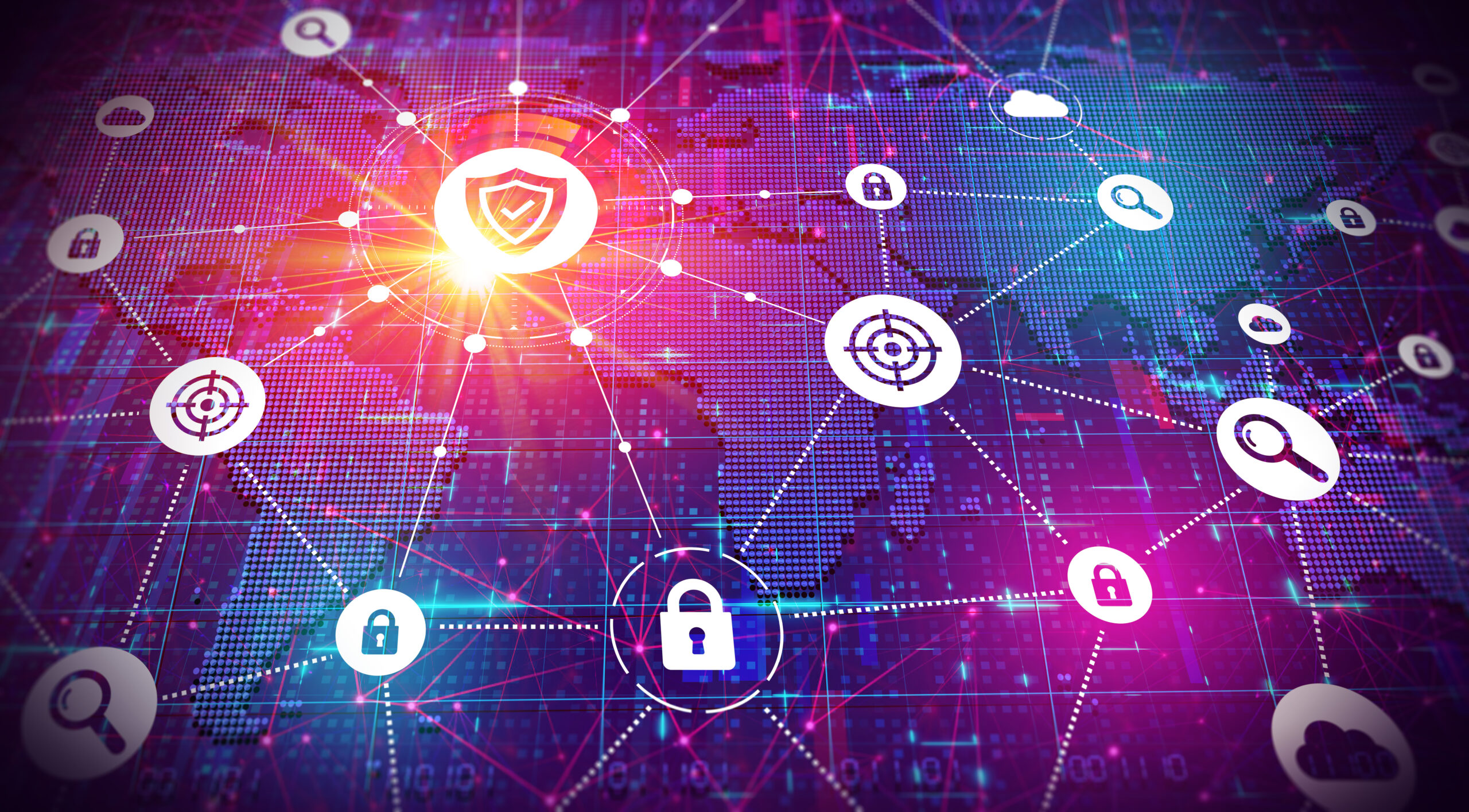 Digital network security visualization showing global connections, endpoint security icons, and threat detection across systems