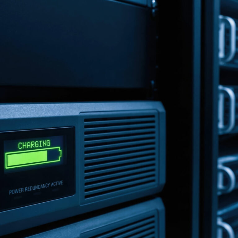 UPS battery backup system installed in a server rack providing backup power and surge protection for business IT infrastructure during a power outage.
