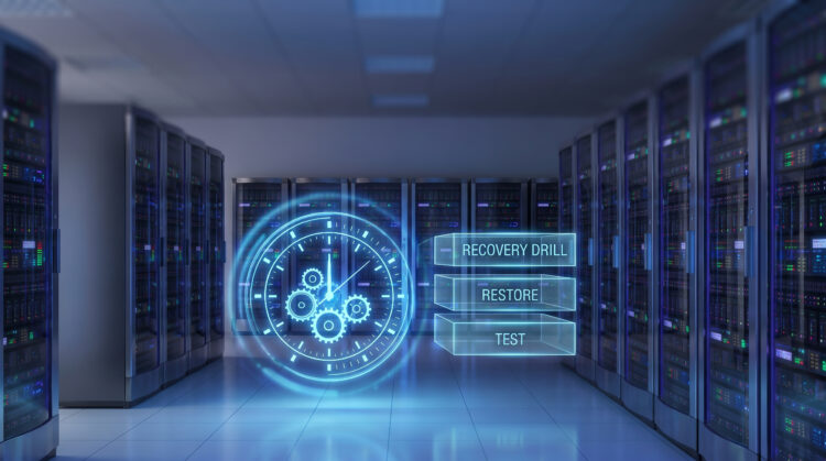 Server room with a digital clock and recovery workflow graphic displaying "Recovery Drill," "Restore," and "Test," illustrating the importance of regularly testing backups as part of a disaster recovery plan.