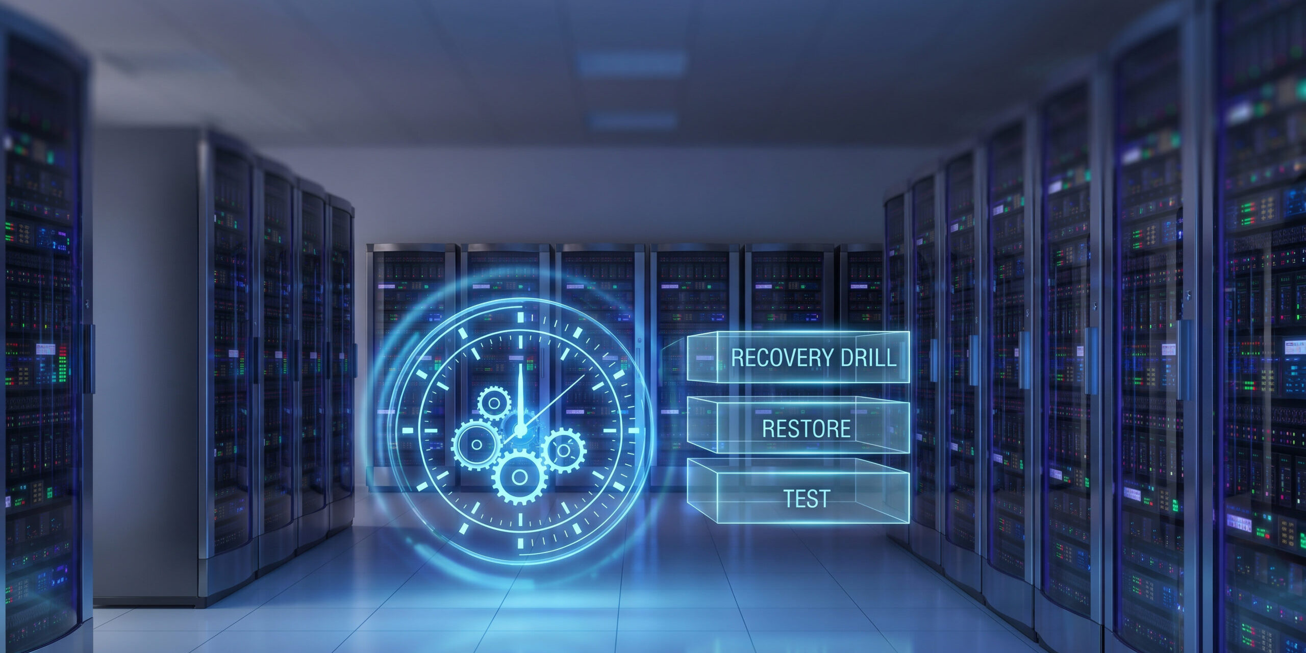 Server room with a digital clock and recovery workflow graphic displaying "Recovery Drill," "Restore," and "Test," illustrating the importance of regularly testing backups as part of a disaster recovery plan.