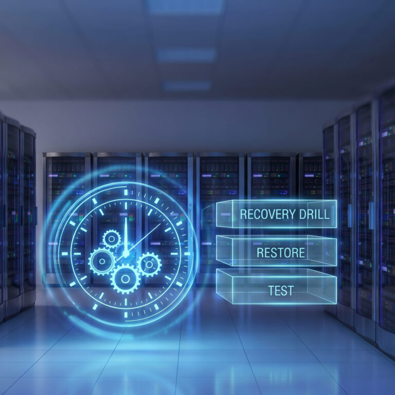 Server room with a digital clock and recovery workflow graphic displaying "Recovery Drill," "Restore," and "Test," illustrating the importance of regularly testing backups as part of a disaster recovery plan.