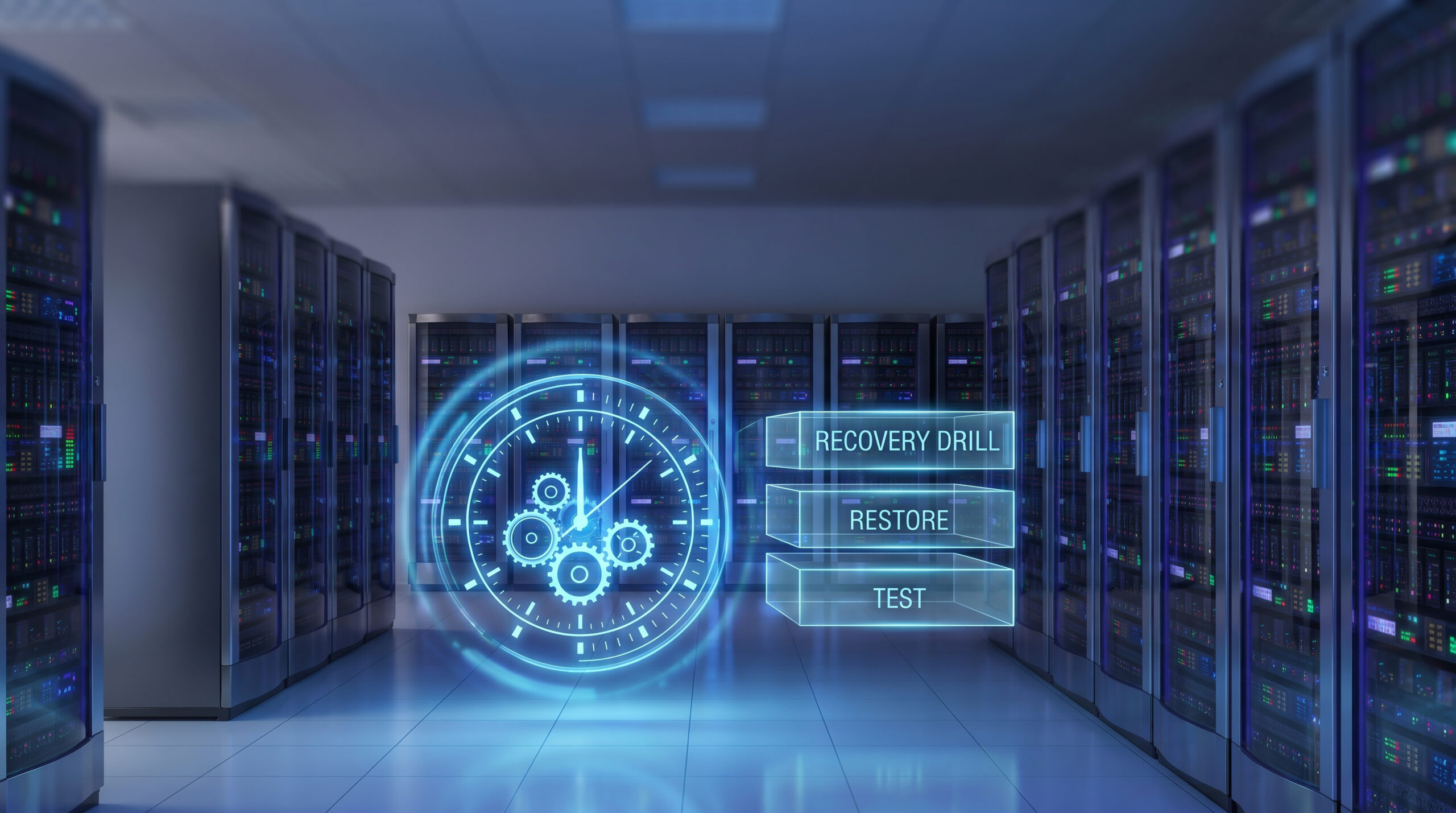 Server room with a digital clock and recovery workflow graphic displaying "Recovery Drill," "Restore," and "Test," illustrating the importance of regularly testing backups as part of a disaster recovery plan.