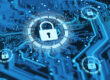 Digital cybersecurity concept showing multiple padlock icons over a blue computer circuit board representing remote employee security and data protection.