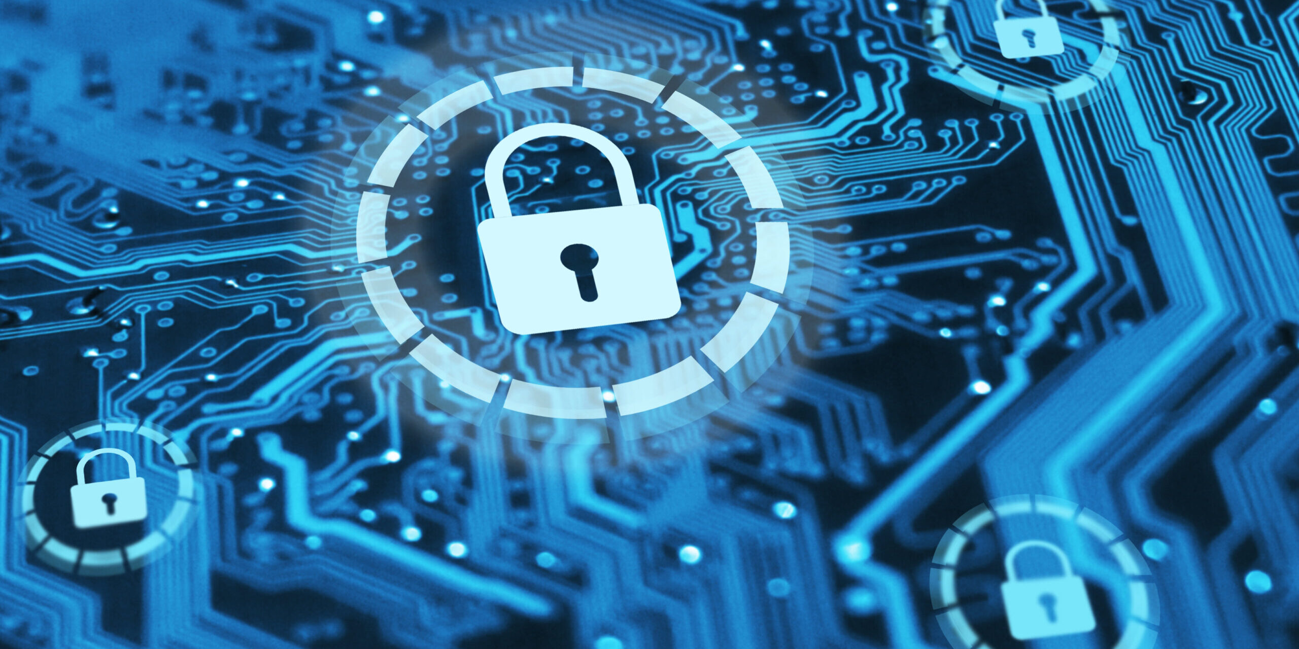 Digital cybersecurity concept showing multiple padlock icons over a blue computer circuit board representing remote employee security and data protection.