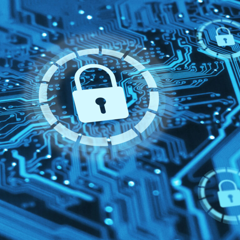 Digital cybersecurity concept showing multiple padlock icons over a blue computer circuit board representing remote employee security and data protection.
