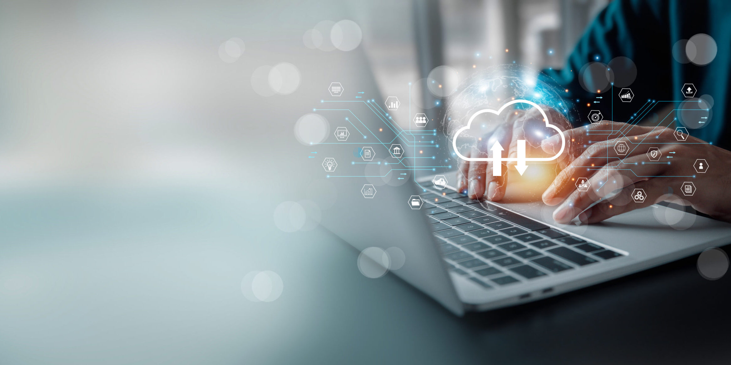 Secure Cloud Storage and Data Protection on Laptop Person using a laptop with cloud storage interface and security icons representing secure cloud storage and data protection