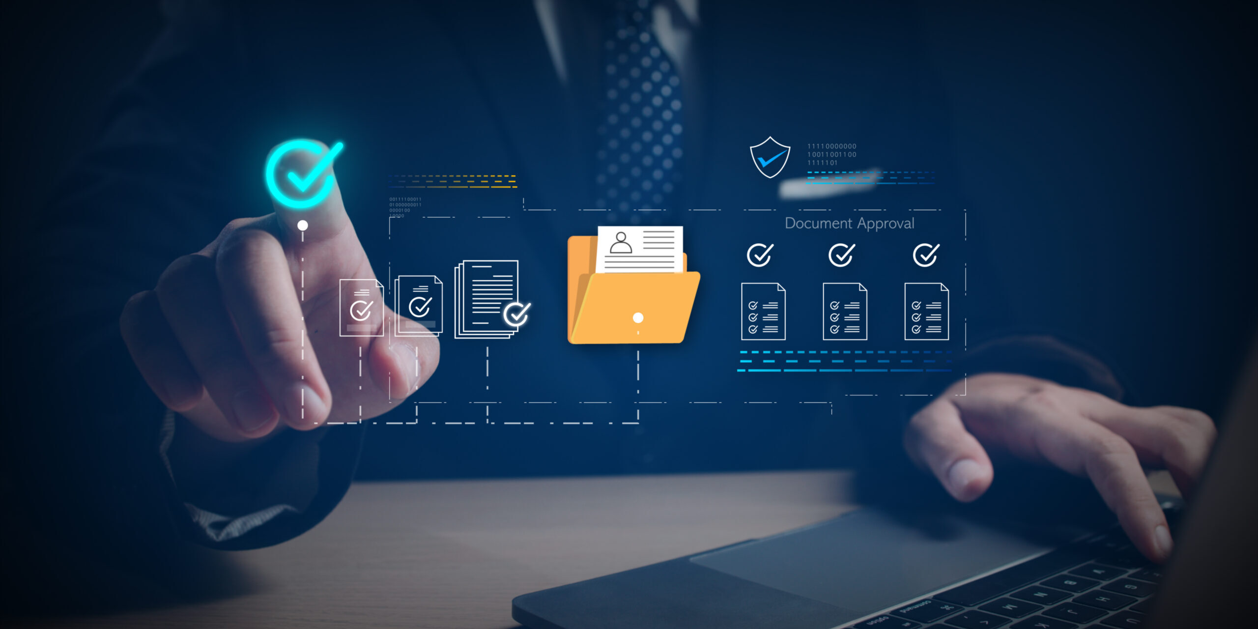 Business professional managing digital documents and approval workflows on a virtual interface, highlighting the importance of IT documentation for efficient support, cybersecurity, and business continuity.