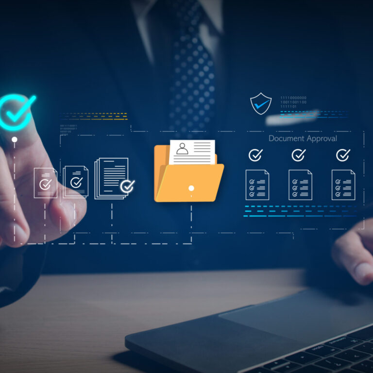 Business professional managing digital documents and approval workflows on a virtual interface, highlighting the importance of IT documentation for efficient support, cybersecurity, and business continuity.