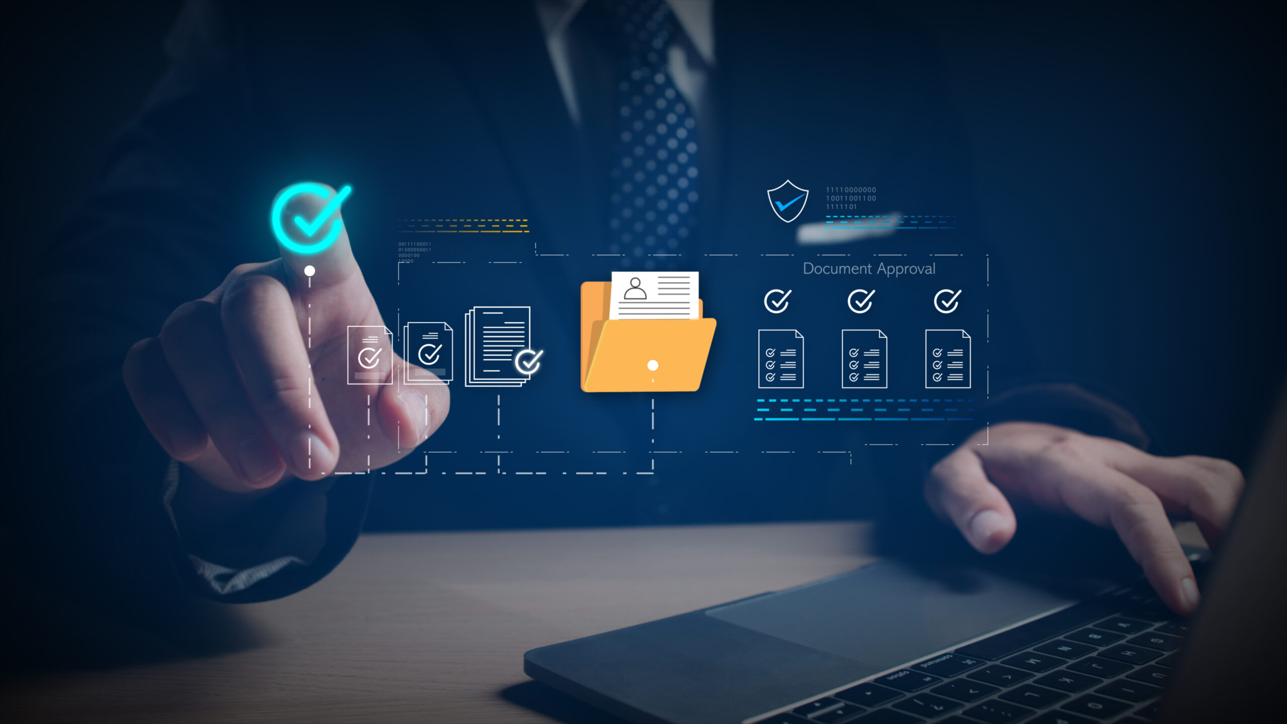 Business professional managing digital documents and approval workflows on a virtual interface, highlighting the importance of IT documentation for efficient support, cybersecurity, and business continuity.