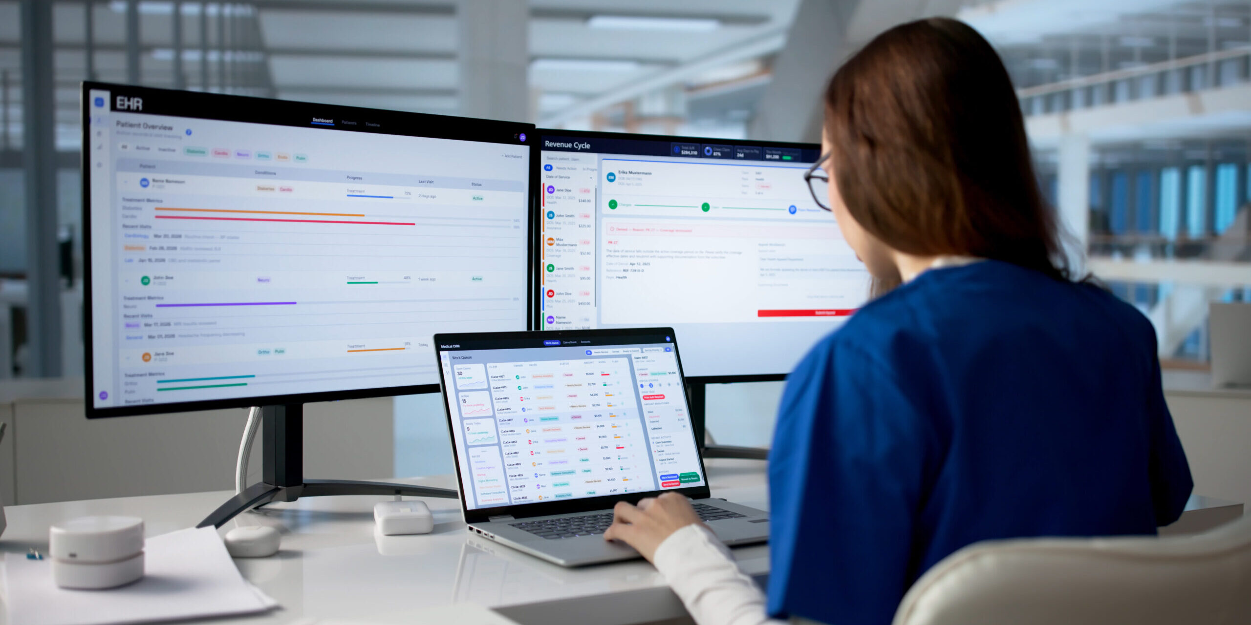 IT professional reviewing a documented network and business systems across multiple monitors, highlighting the importance of network documentation, network diagrams, and organized IT infrastructure for efficient management and disaster recovery.
