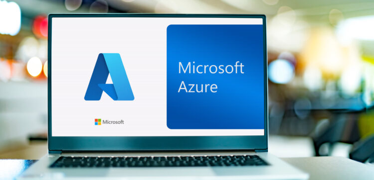 Microsoft Azure logo displayed on a laptop screen, representing cloud computing, scalable infrastructure, and secure Azure services for small and medium sized businesses.
