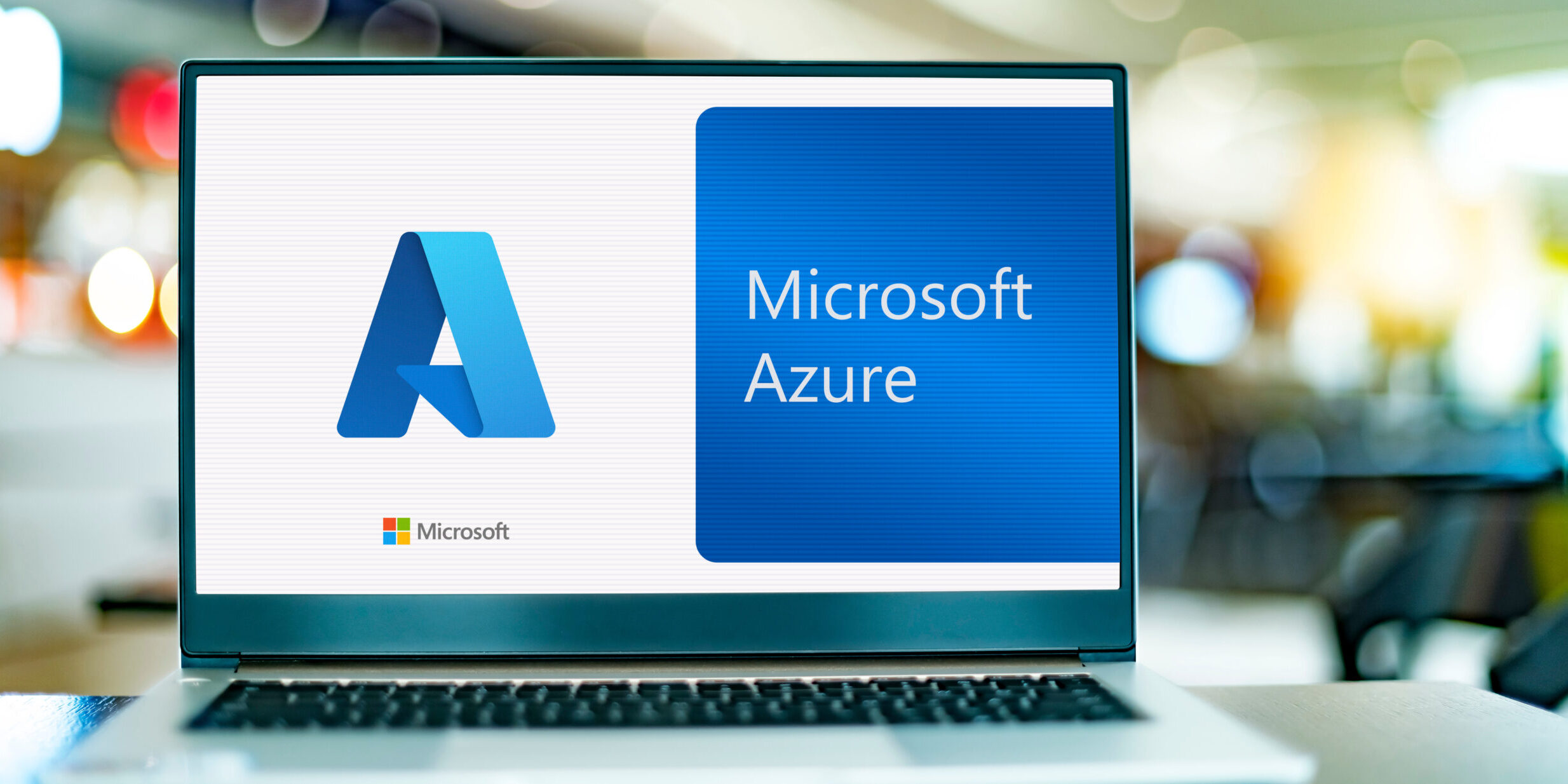 Microsoft Azure logo displayed on a laptop screen, representing cloud computing, scalable infrastructure, and secure Azure services for small and medium sized businesses.