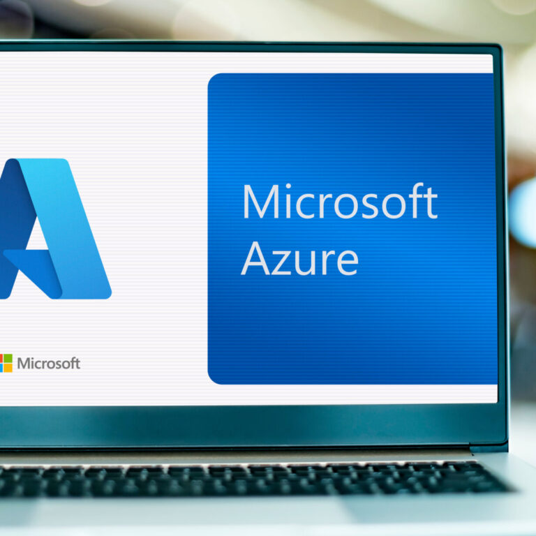 Microsoft Azure logo displayed on a laptop screen, representing cloud computing, scalable infrastructure, and secure Azure services for small and medium sized businesses.